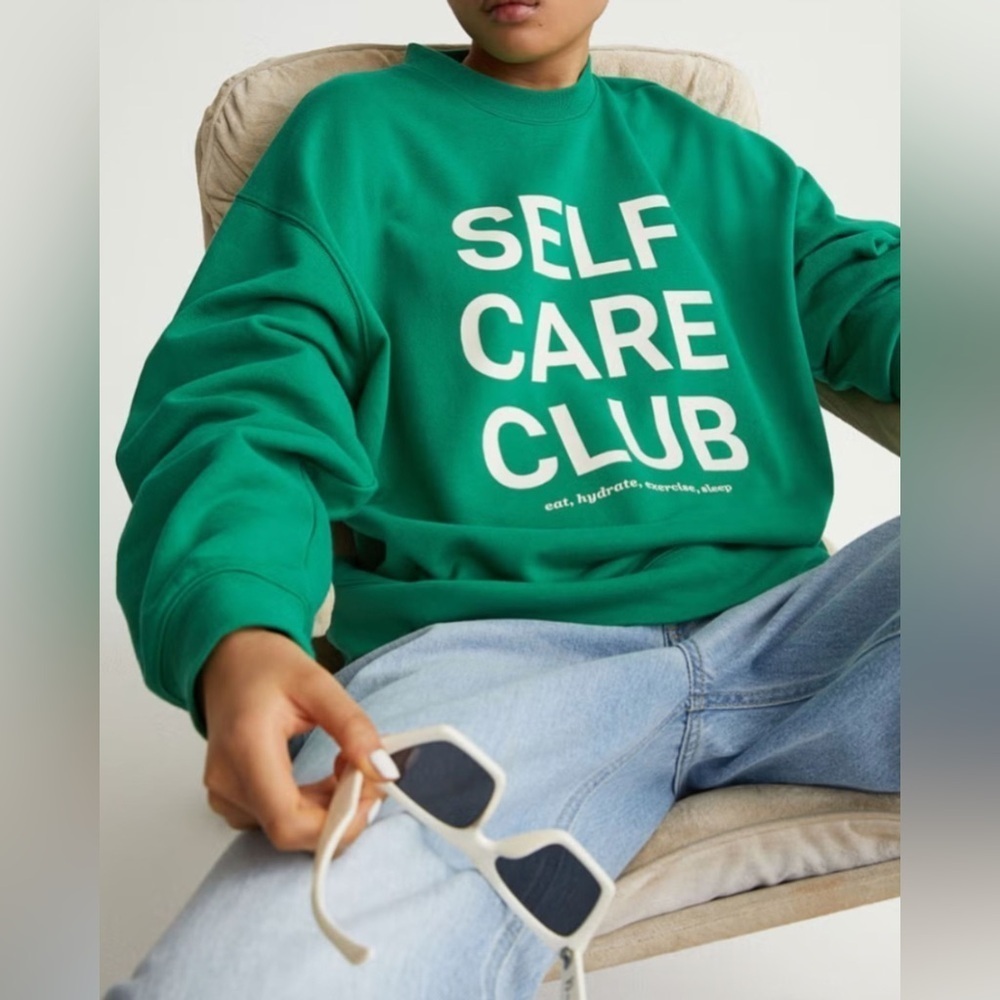 H&M Self Care Club crewneck pullover sweatshirt sporty rich ribbed kelly green